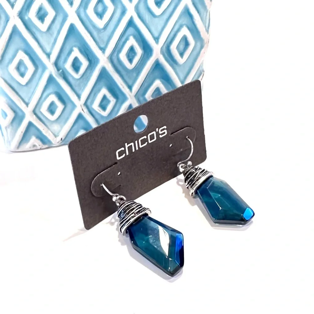 CHICO’s Wire-wrapped Azure Blue Gemstone Hook Earrings NWT - Picture 1 of 8